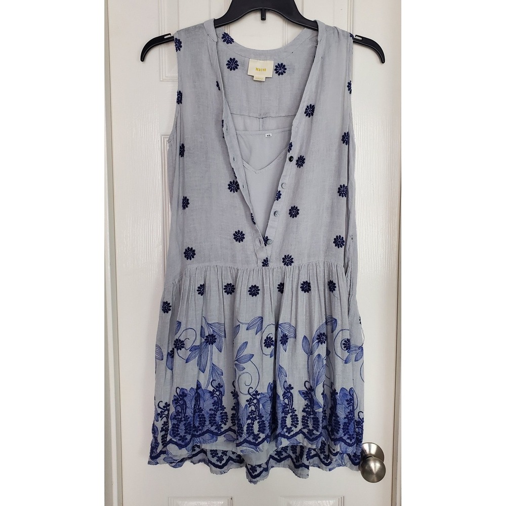 Maeve Anthropologie Pippa Swing Dress Linen Cotton Floral Blue White Boho XS